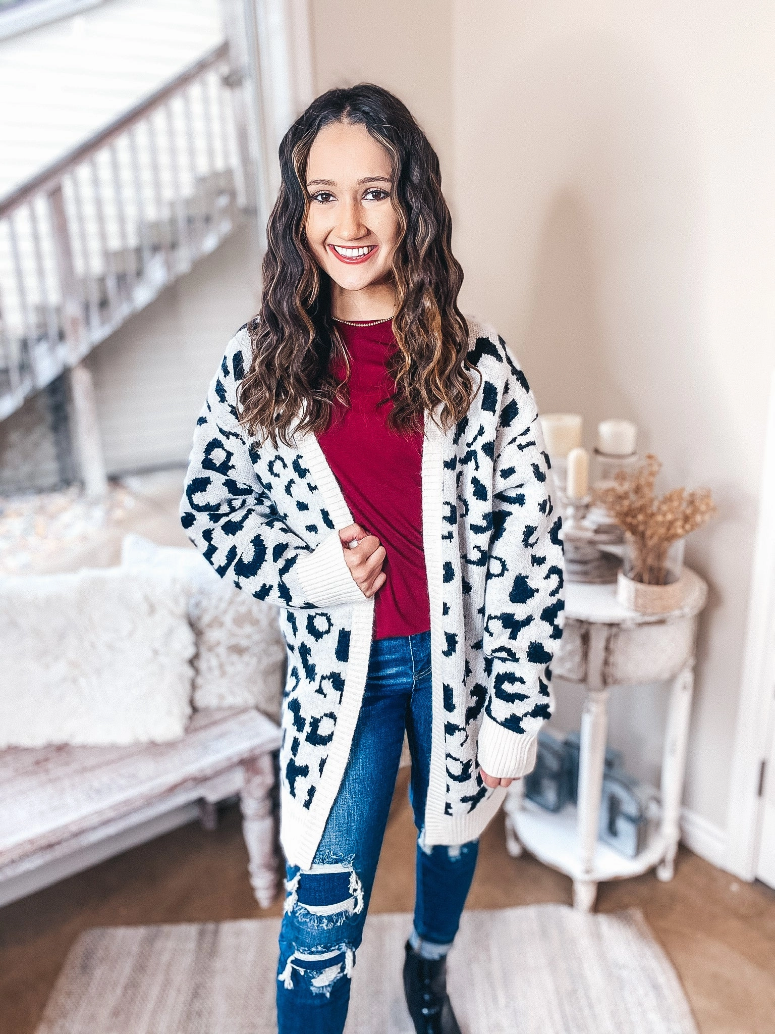 Walk Mood Sheer Glow Missing You Black Leopard Long Sleeve Open Front Cardigan in Ivory