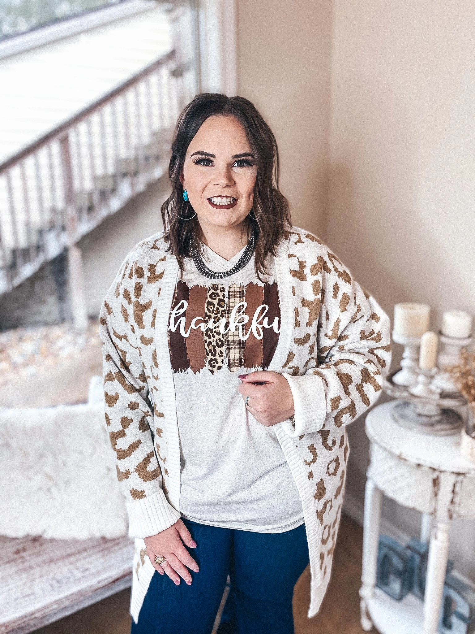 HypoallergenicTextile Missing You Taupe Leopard Long Sleeve Open Front Cardigan in Ivory