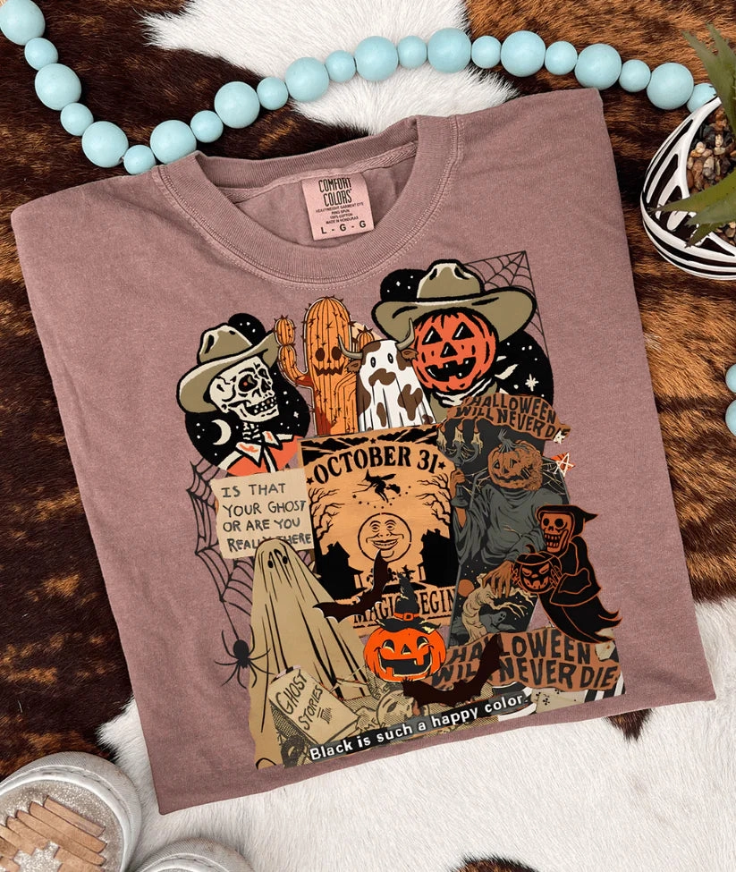 Washable Casual Comfort Look Online Exclusive | Western Halloween Collage Graphic on Short Sleeve Comfort Color Tee in Espresso Brown
