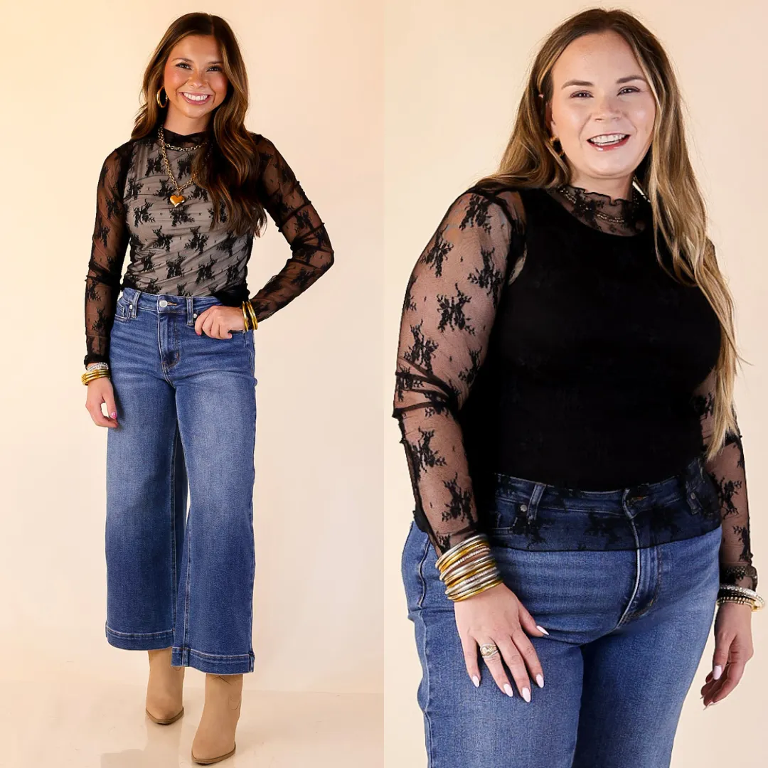 Daringly Delicate Sheer Mock Neck Long Sleeve Lace Top in Black Antibacterial lining