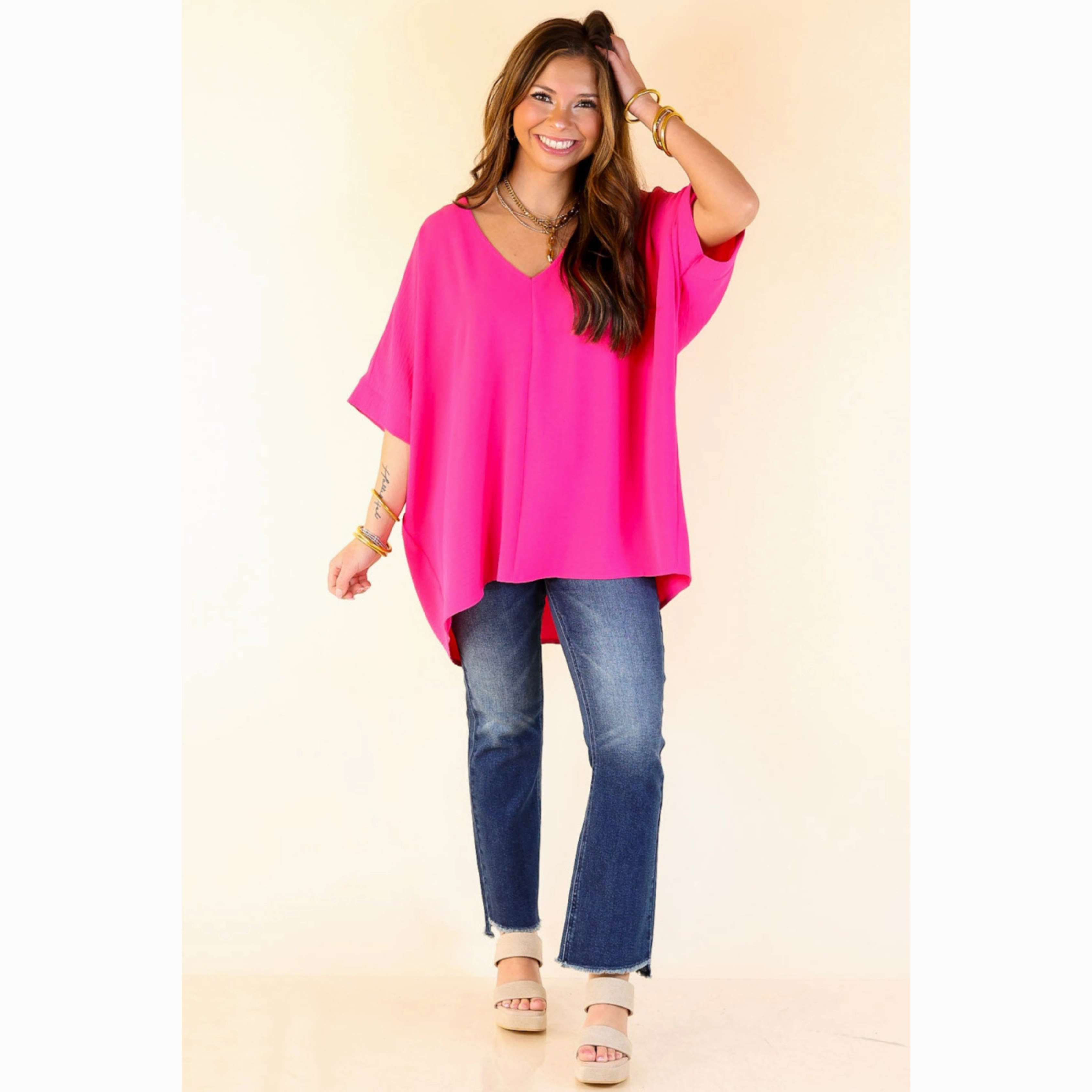 Classically Chic Short Sleeve V Neck Top in Hot Pink Stretchy Cloth Bold Statement