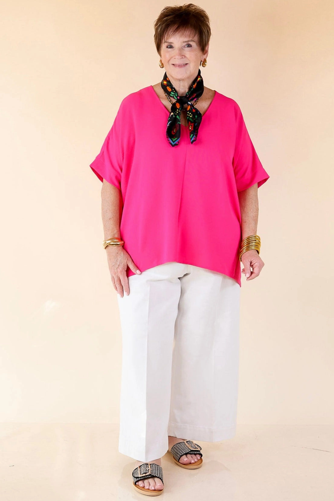 Earthy Hue Weekend Wear Classically Chic Short Sleeve V Neck Top in Hot Pink