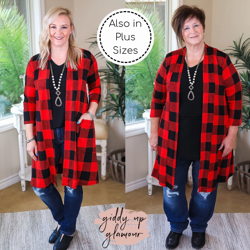 Last Chance Size Small | So Charming Buffalo Plaid Print Cardigan with Pockets in Red Focus Fit