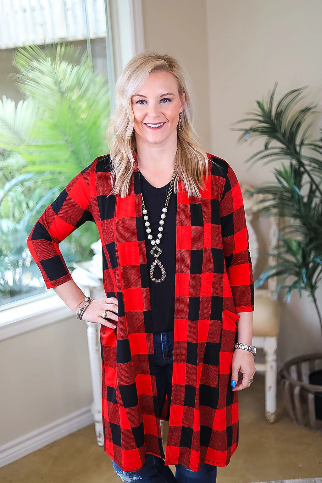 Body Free Everyday Comfort Last Chance Size Small | So Charming Buffalo Plaid Print Cardigan with Pockets in Red
