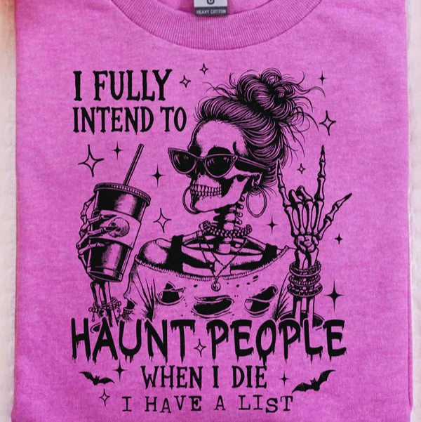 Laser Cut Edges Online Exclusive | Haunt People when I Die Graphic on Short Sleeve Tee in Heather Orchid