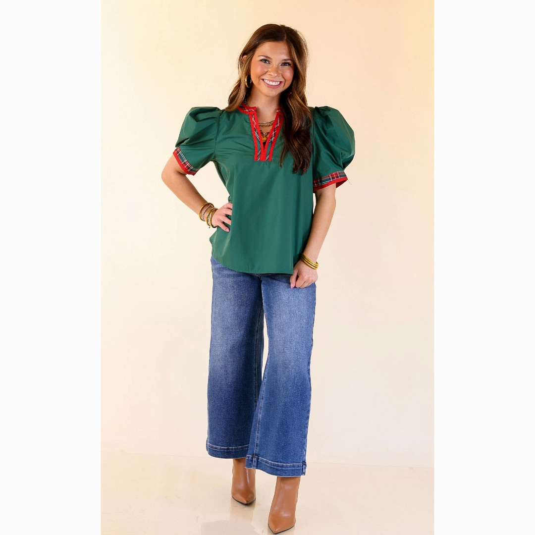 Soft Comfort Creative Professional Commanding Style V Neck Top with Short Balloon Sleeves and Plaid Trim in Hunter Green
