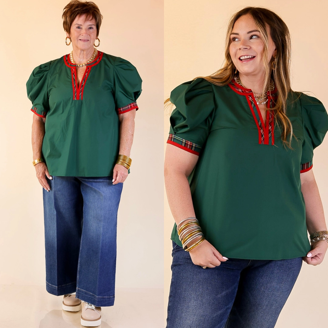 Commanding Style V Neck Top with Short Balloon Sleeves and Plaid Trim in Hunter Green Seamless Side Panels Soft Material