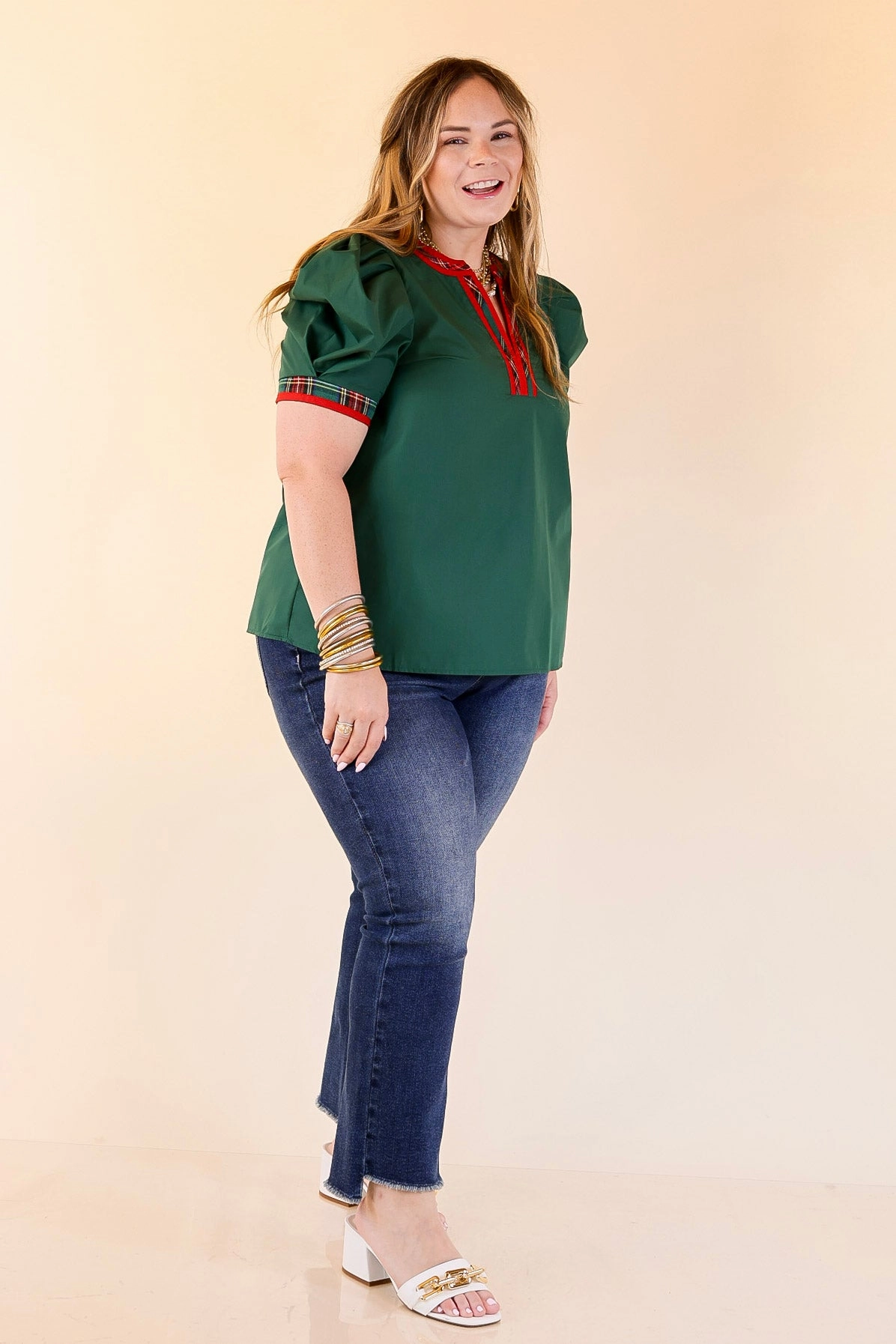 mix and match Commanding Style V Neck Top with Short Balloon Sleeves and Plaid Trim in Hunter Green
