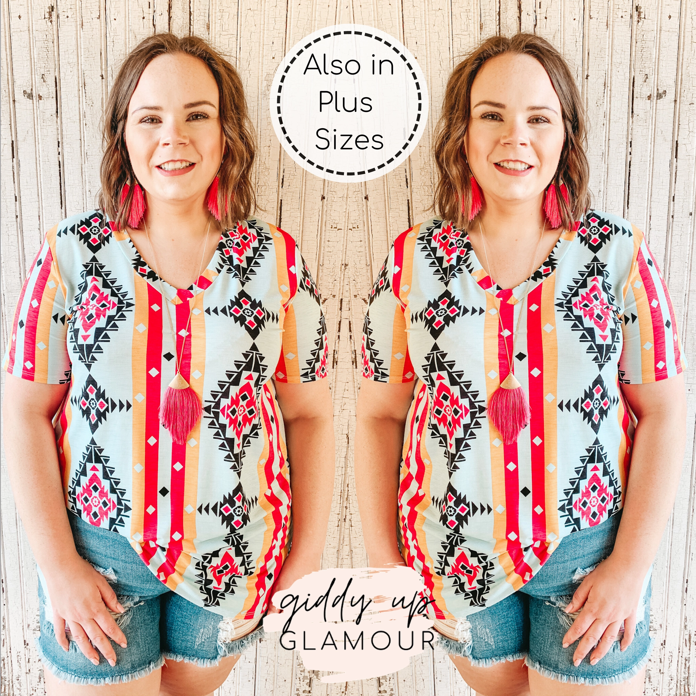 Stretch Ease Smart Look Last Chance Size Small | Keep Things Simple Striped Aztec Print V Neck Tee in Mint and Coral