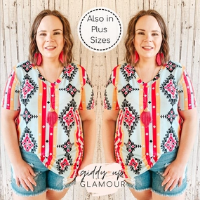 Stretch Ease Smart Look Last Chance Size Small | Keep Things Simple Striped Aztec Print V Neck Tee in Mint and Coral