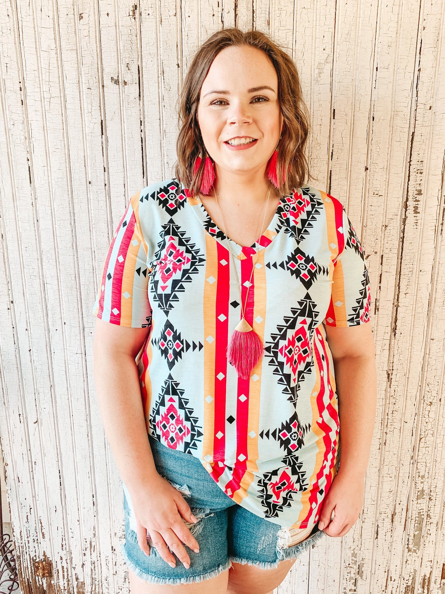 TearResistant Fabric Comfortable Style Last Chance Size Small | Keep Things Simple Striped Aztec Print V Neck Tee in Mint and Coral