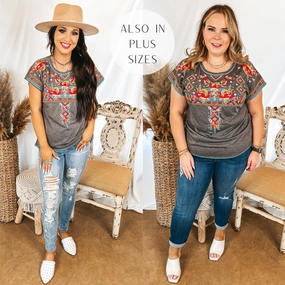 HypoallergenicMaterial Maya Riviera Floral and Aztec Embroidered Short Sleeve Top in Charcoal Grey