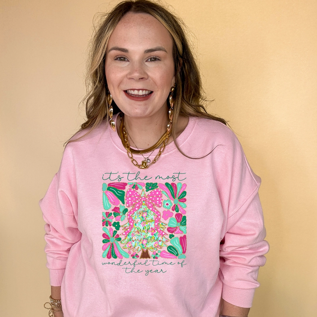 SkinFriendlyFibers Trendy Online Exclusive | "It's the Most Wonderful Time of the Year" Coquette Christmas Tree Graphic Sweatshirt in Multiple Color Options