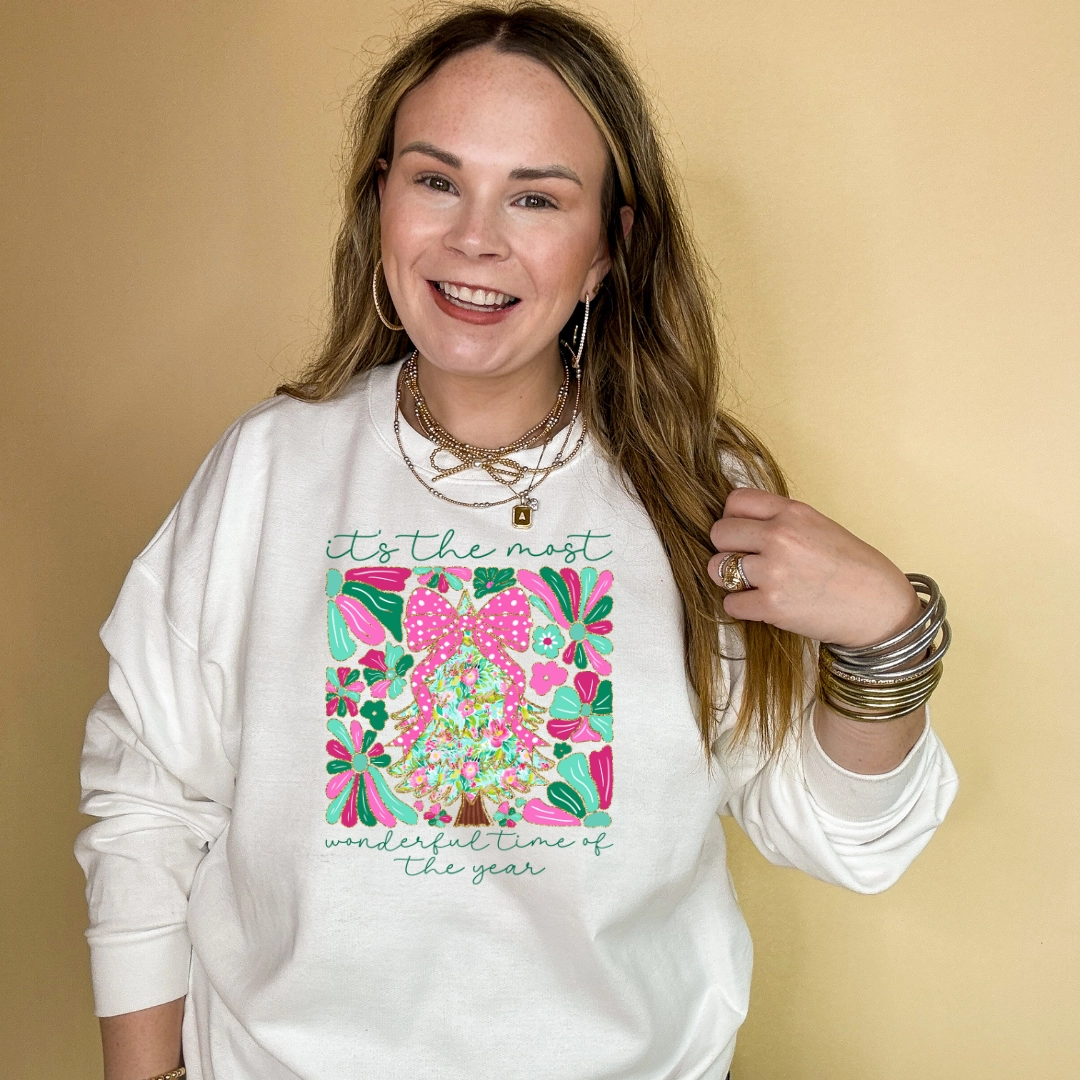 Online Exclusive | "It's the Most Wonderful Time of the Year" Coquette Christmas Tree Graphic Sweatshirt in Multiple Color Options Trendy Vibes Wear