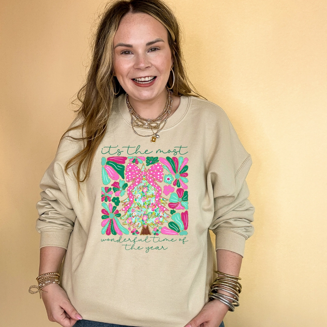 Online Exclusive | "It's the Most Wonderful Time of the Year" Coquette Christmas Tree Graphic Sweatshirt in Multiple Color Options Light and Breezy