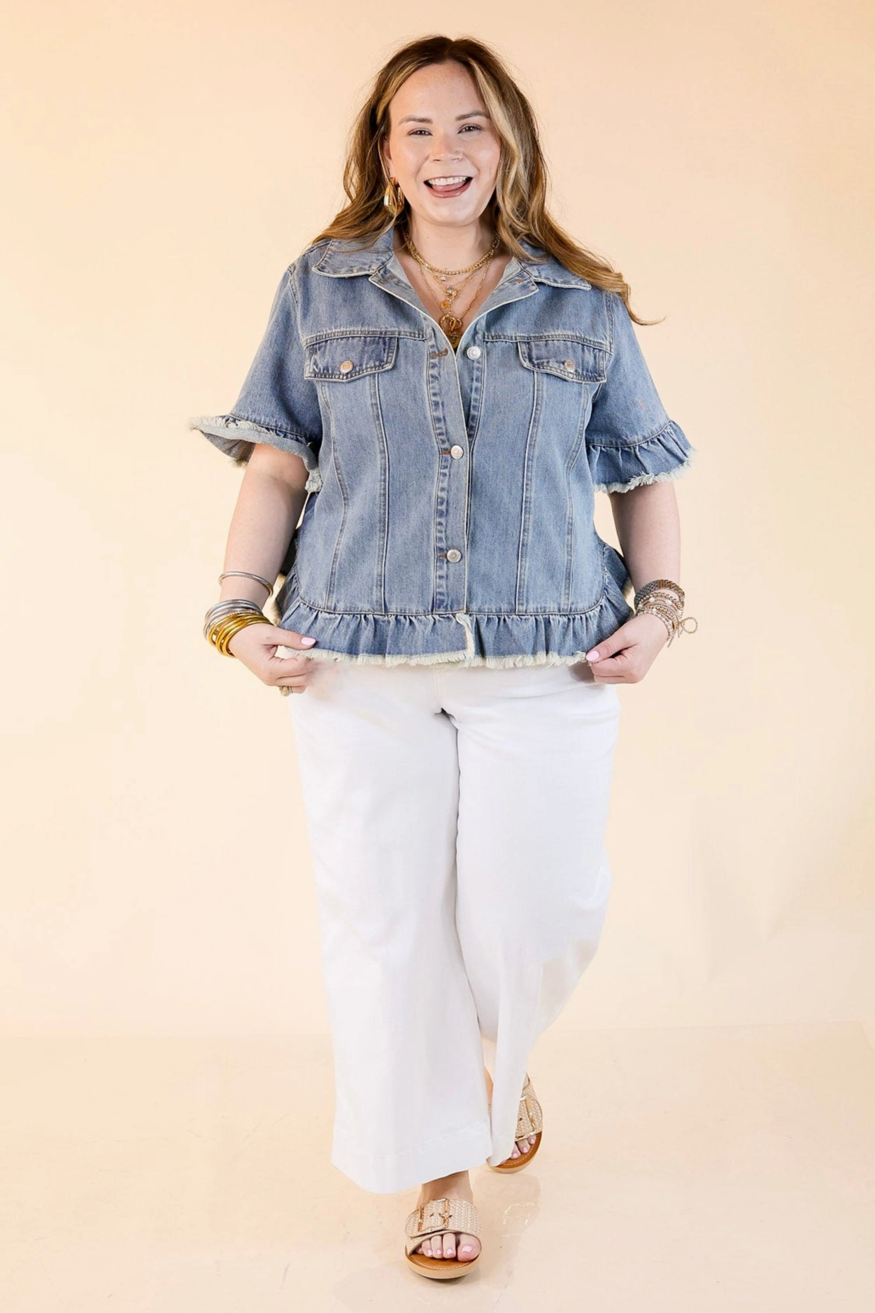 Striped Design Daisy Denim Ruffled Button-Up Shacket with Raw Hem in Medium Wash