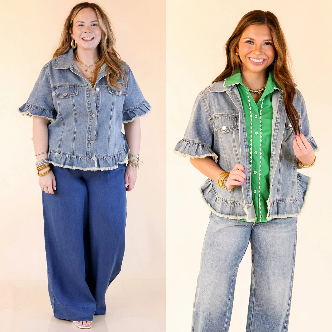 Daisy Denim Ruffled Button-Up Shacket with Raw Hem in Medium Wash Soft Motion Classic Sweater