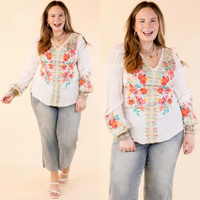 NonFadeFinish Brunch With Me Long Sleeve Embroidered Top with V Neckline in White