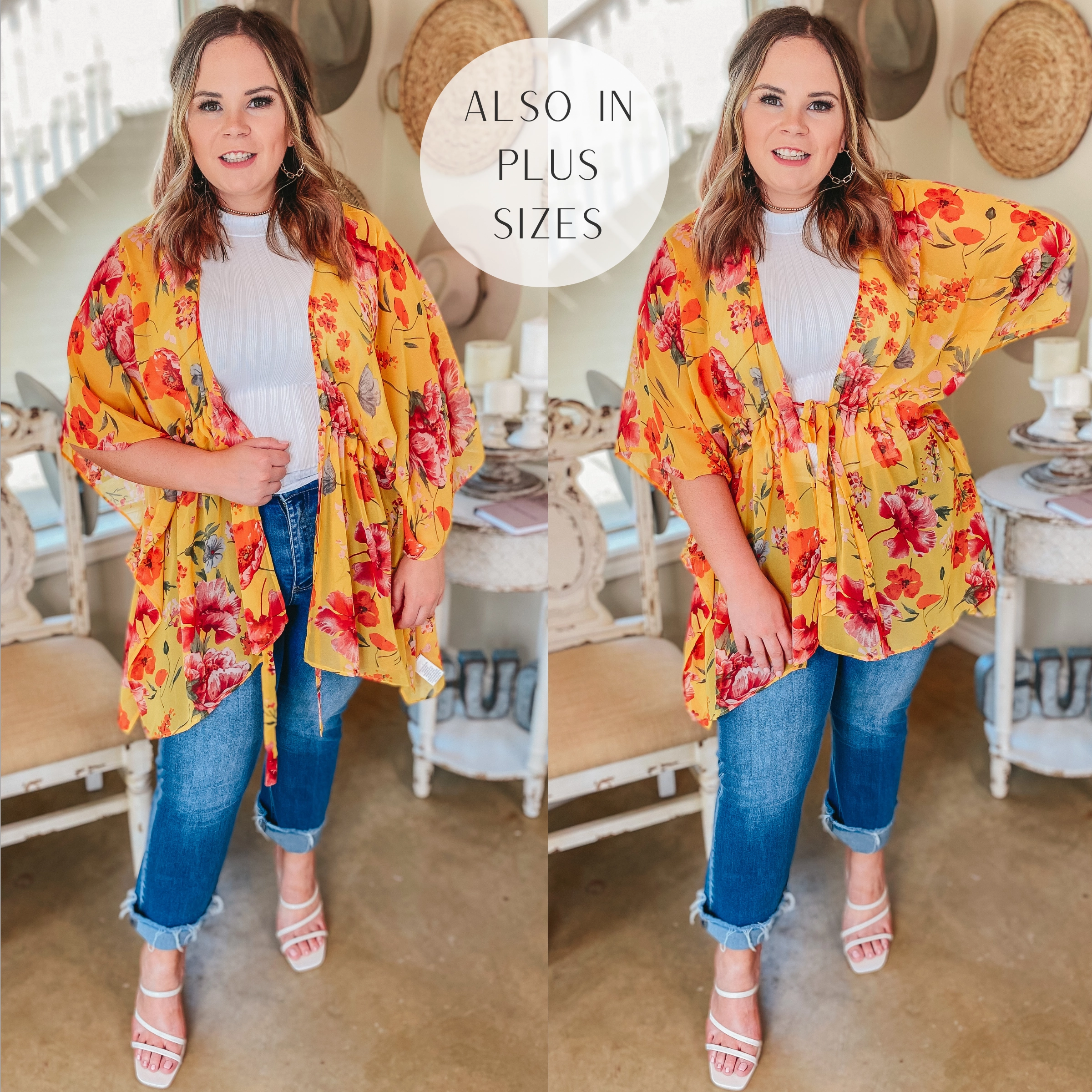Casual Comfort Club Mode Tied Together with a Smile Waist Tie Closure Floral Drape Kimono in Yellow
