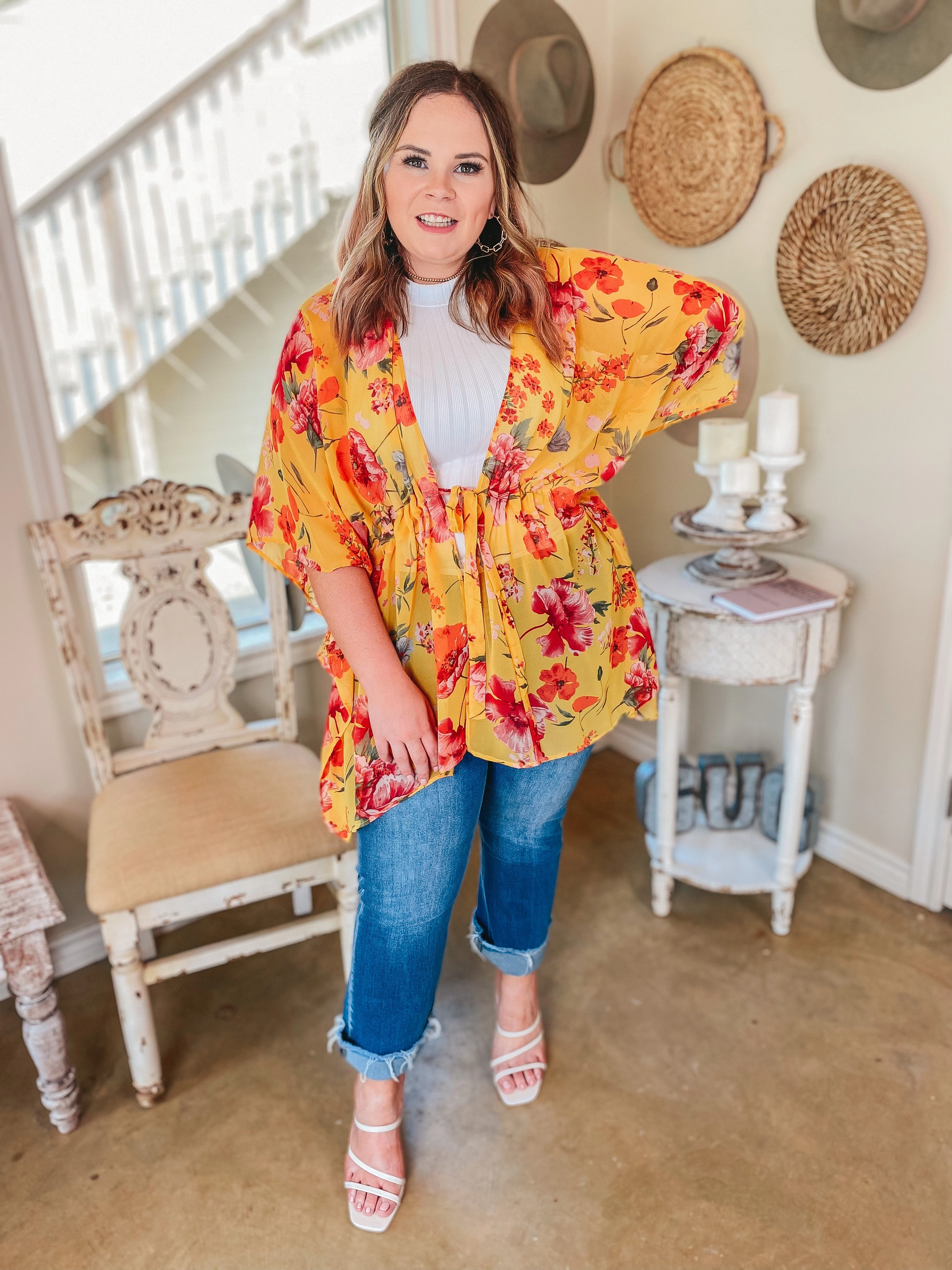 Tied Together with a Smile Waist Tie Closure Floral Drape Kimono in Yellow Bead Soul