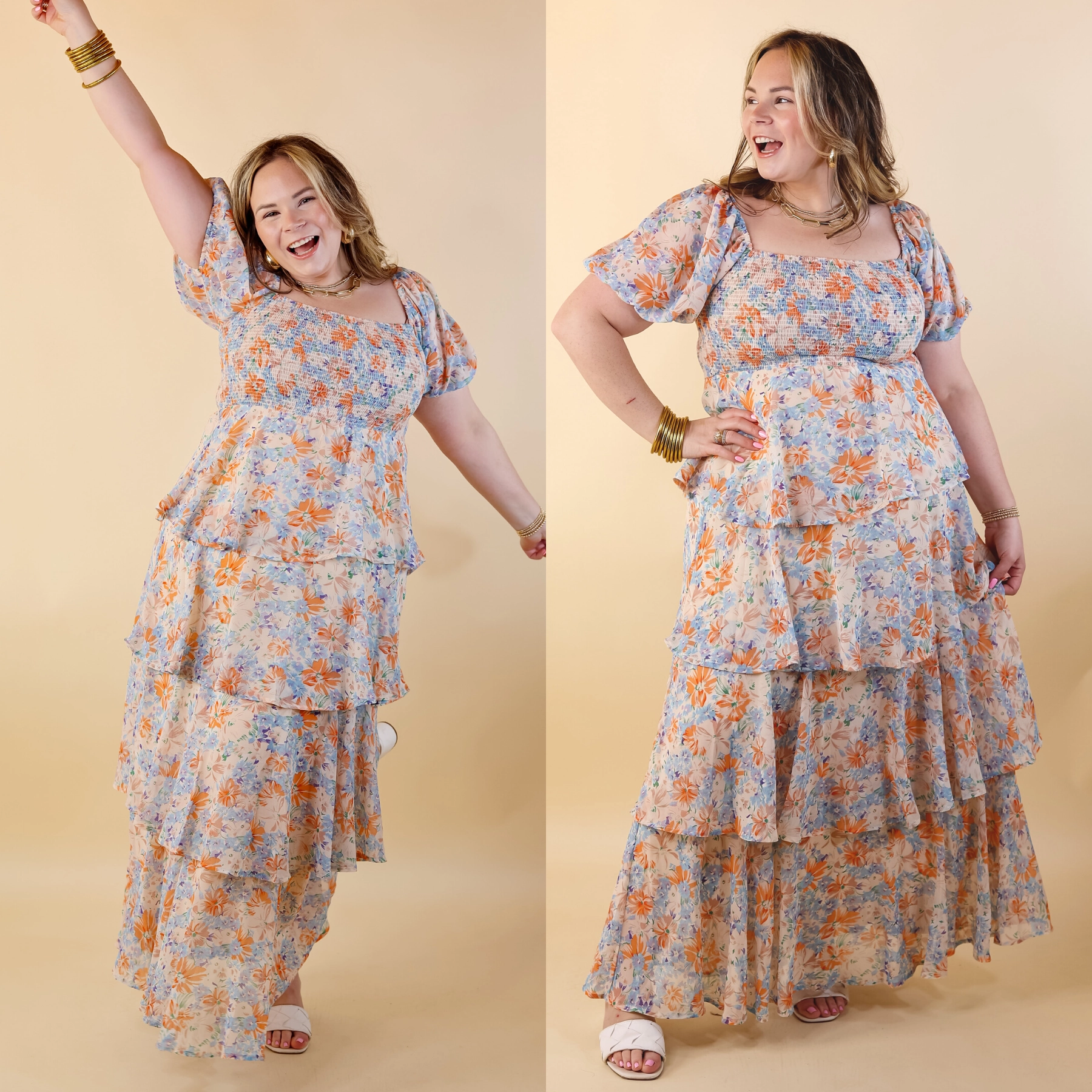 SoftTouch Texture CompactWeave Fun Feeling Floral Tiered Maxi Dress with Smocked Balloon Sleeves in Orange Mix