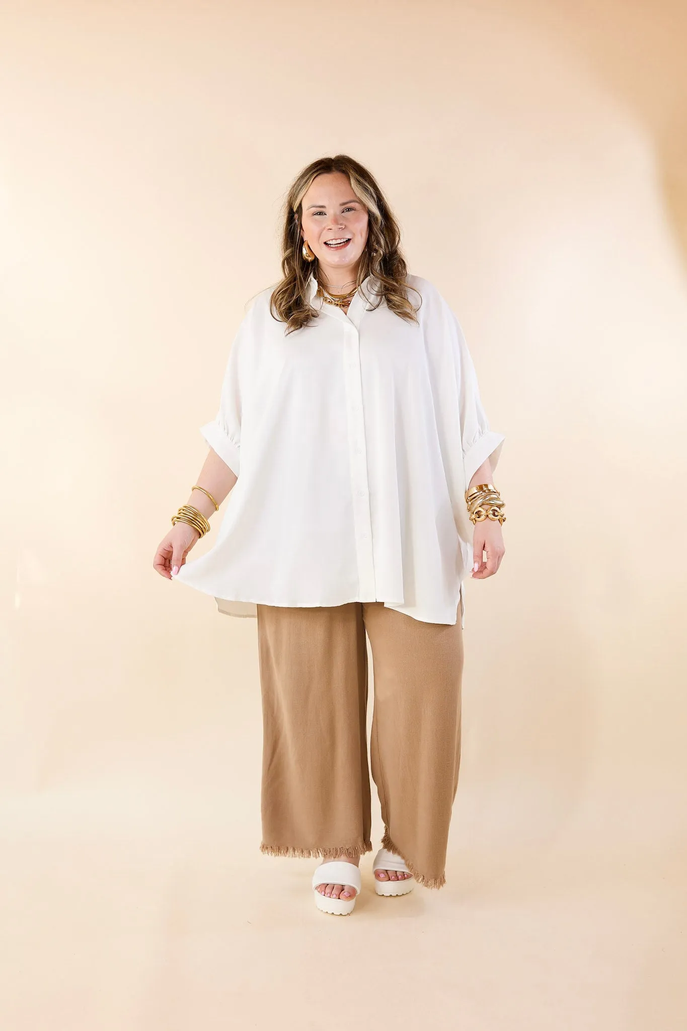 Right On Cue Elastic Waistband Cropped Pants with Frayed Hem in Mocha Brown Tech Mood Noble Core