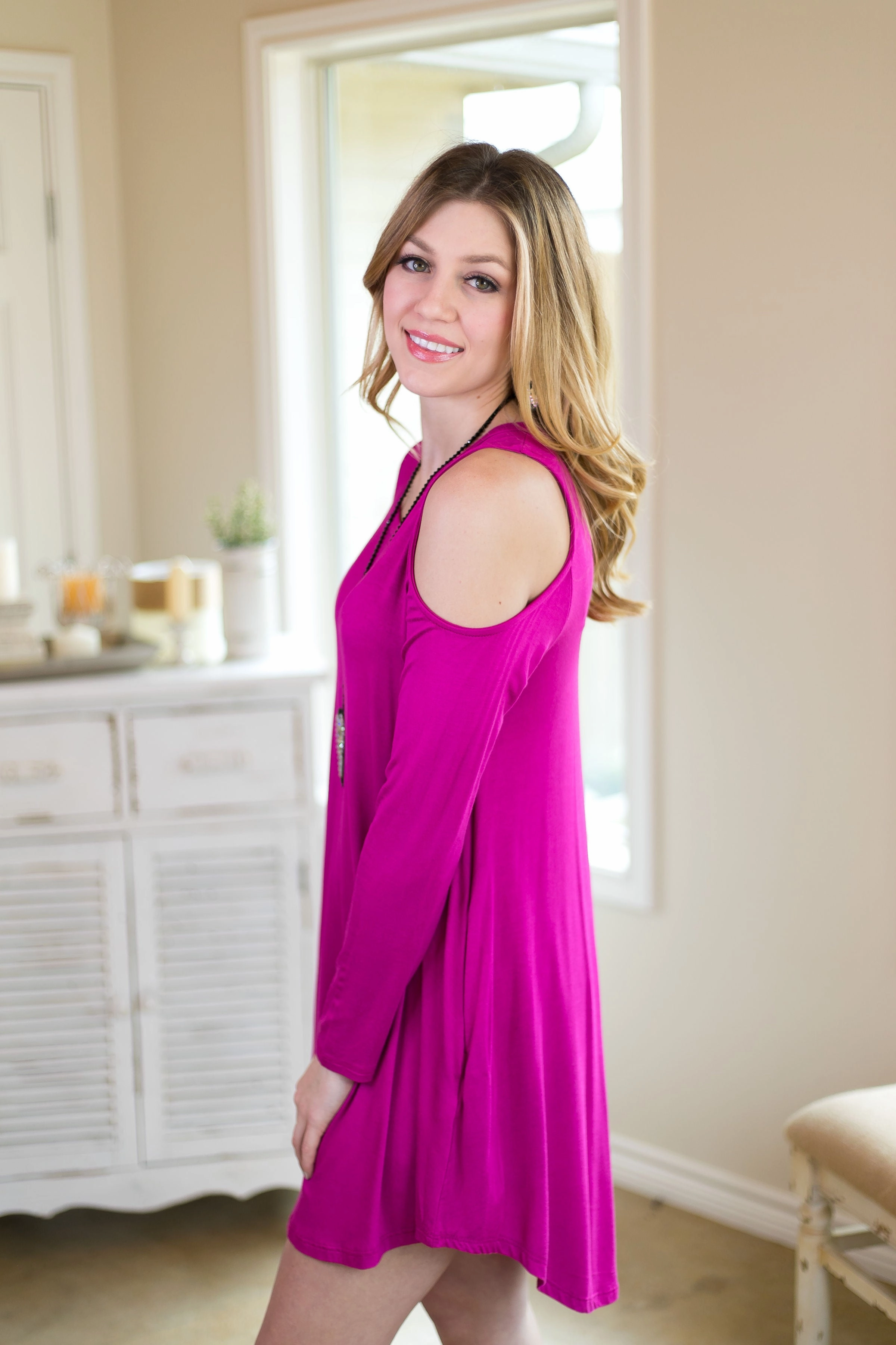Last Chance Size Medium | Fill Me In Cold Shoulder Dress in Magenta ConvertibleStyle Hero Tale