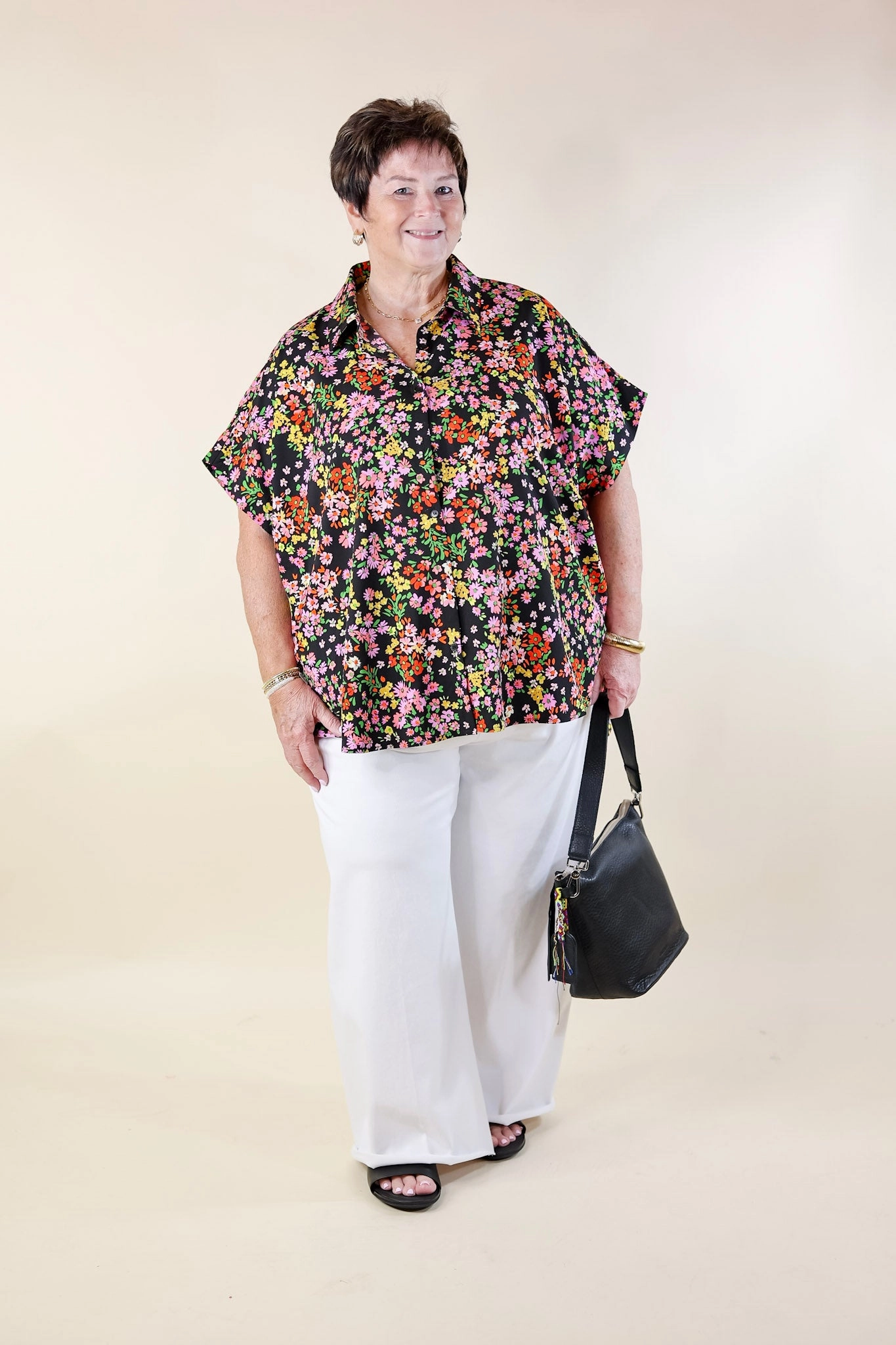 Adventure Awaits Floral Print Top with Collar in Black SustainableProduction