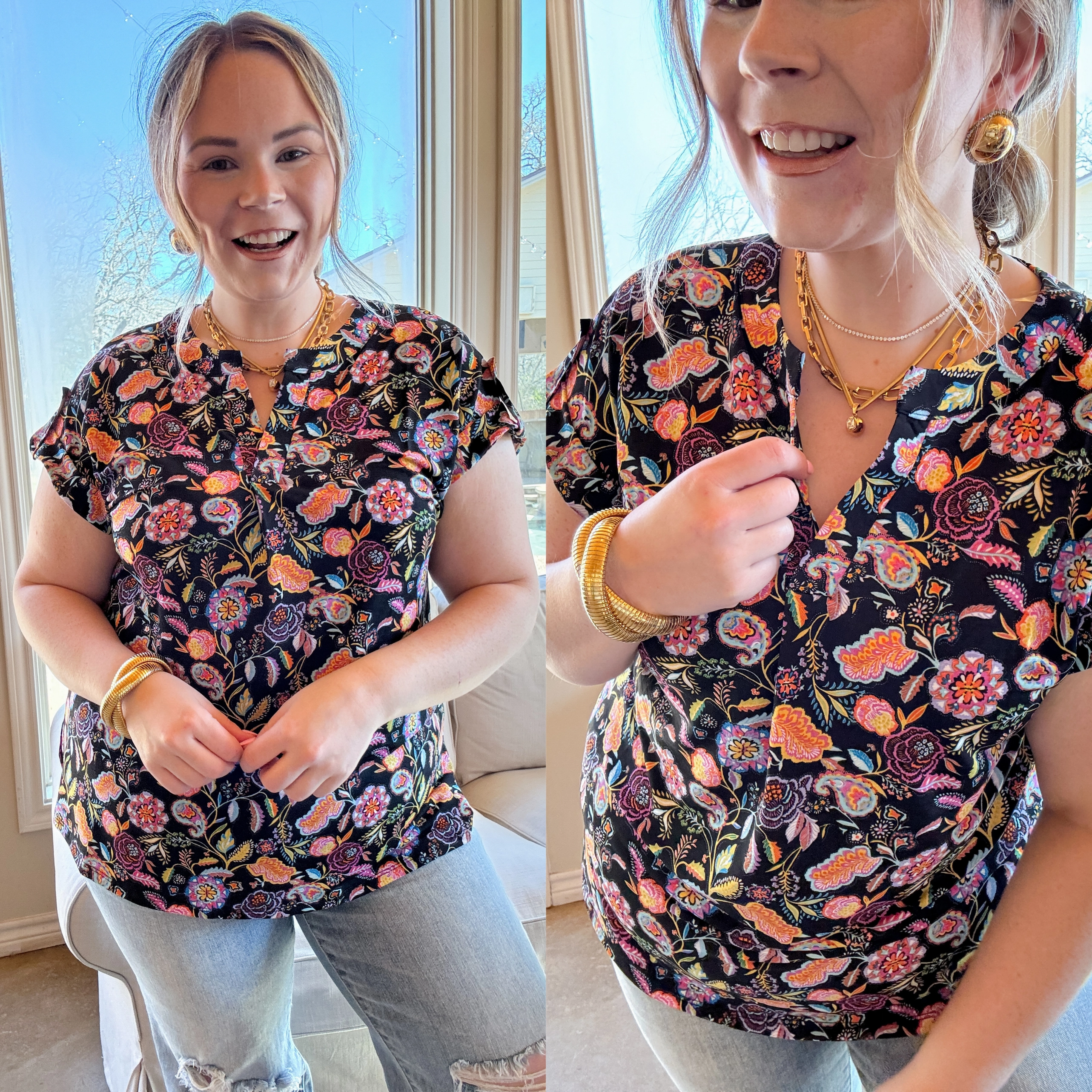 Dance Flow Inner Glow Downtown Darling Floral Print Short Sleeve Tunic Top in Black Mix