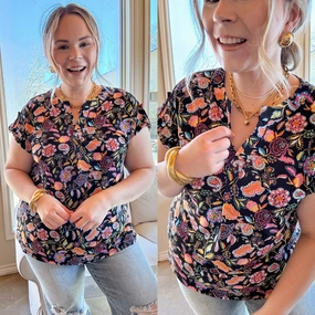 Dance Flow Inner Glow Downtown Darling Floral Print Short Sleeve Tunic Top in Black Mix