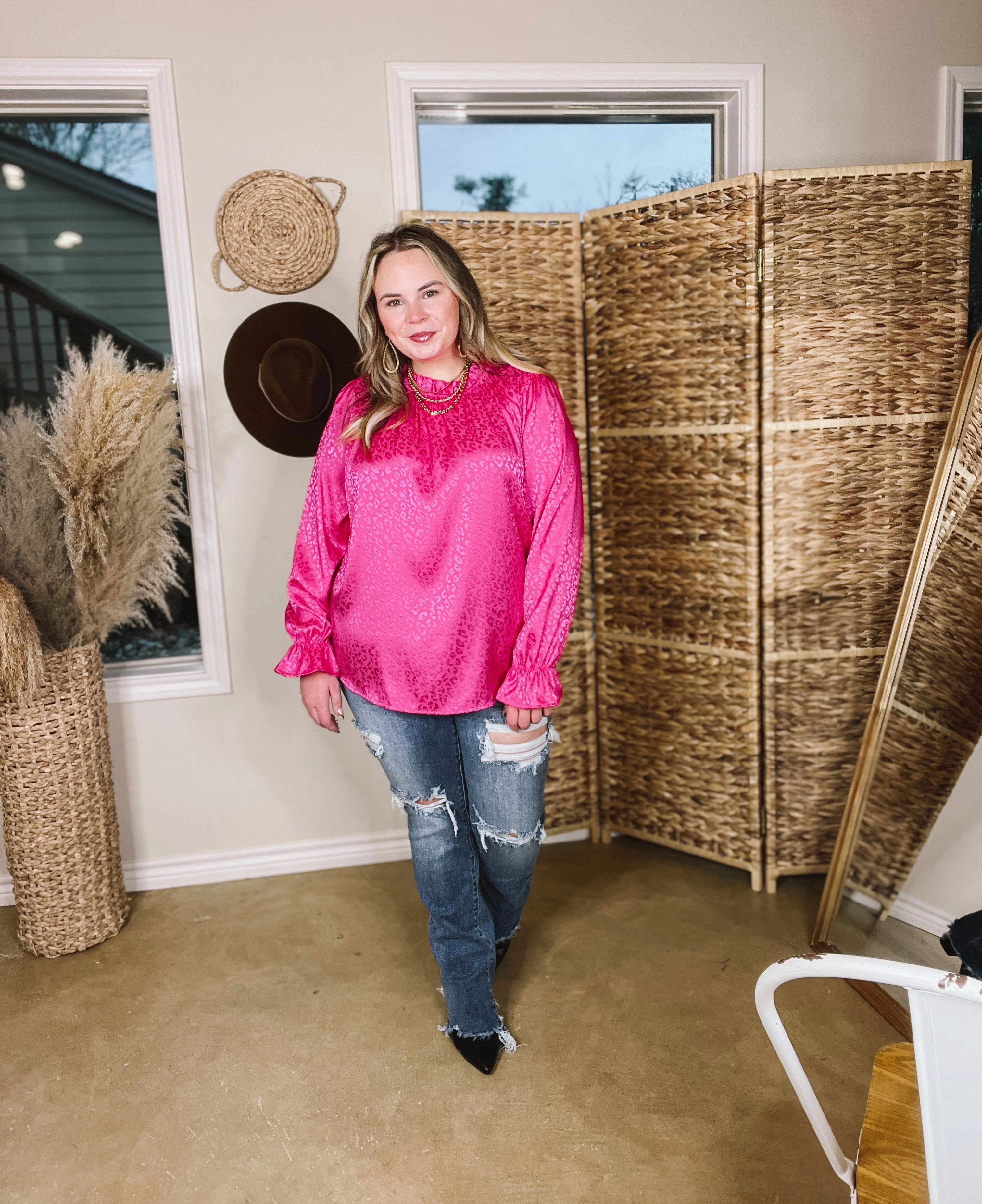 Mood Setter Ruffle Mock Neck Long Sleeve Leopard Print Satin Top in Hot Pink Winter Fit Conscious Fashion