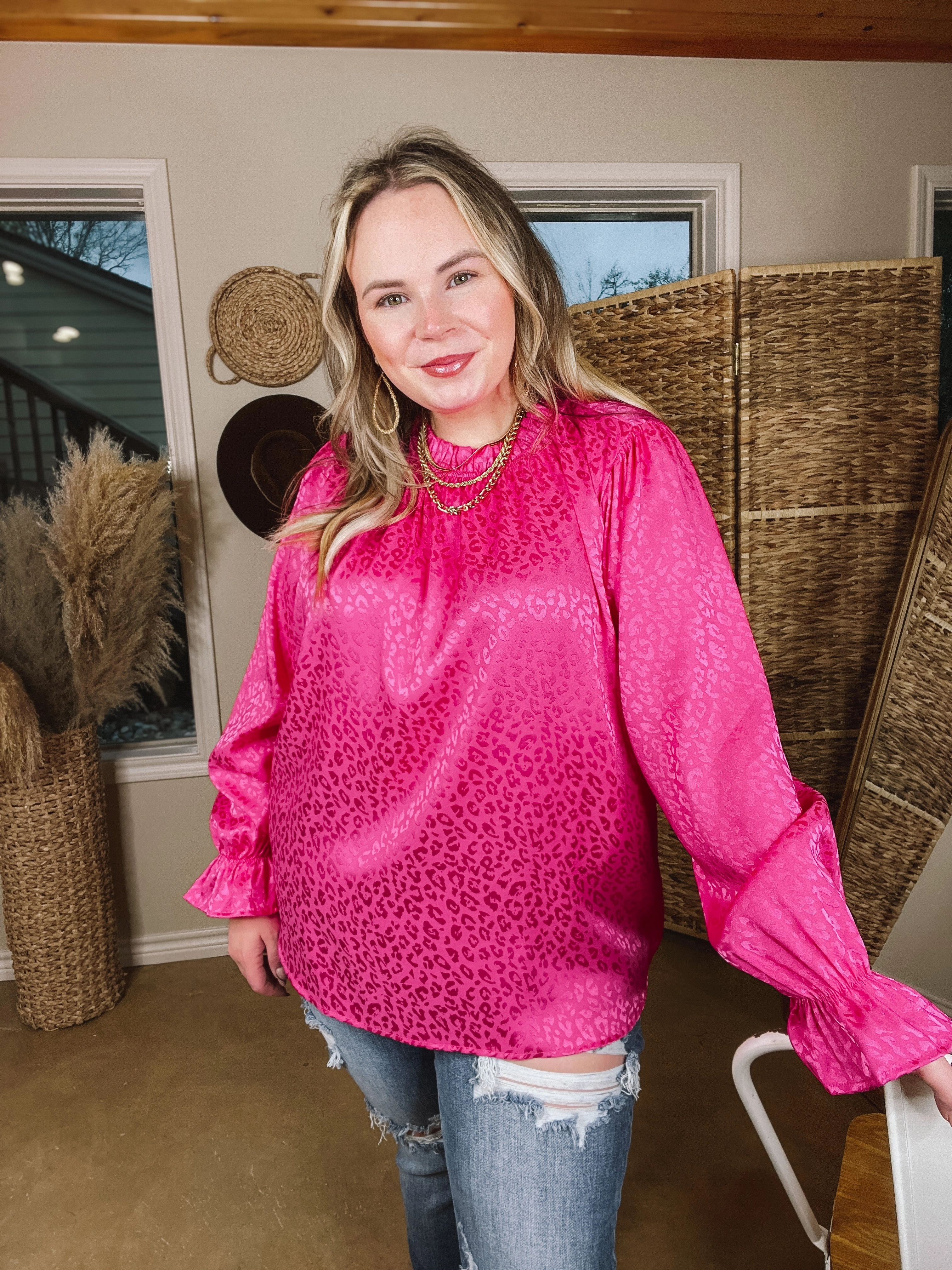 Mood Setter Ruffle Mock Neck Long Sleeve Leopard Print Satin Top in Hot Pink Fame Glow QuickAccess Pockets