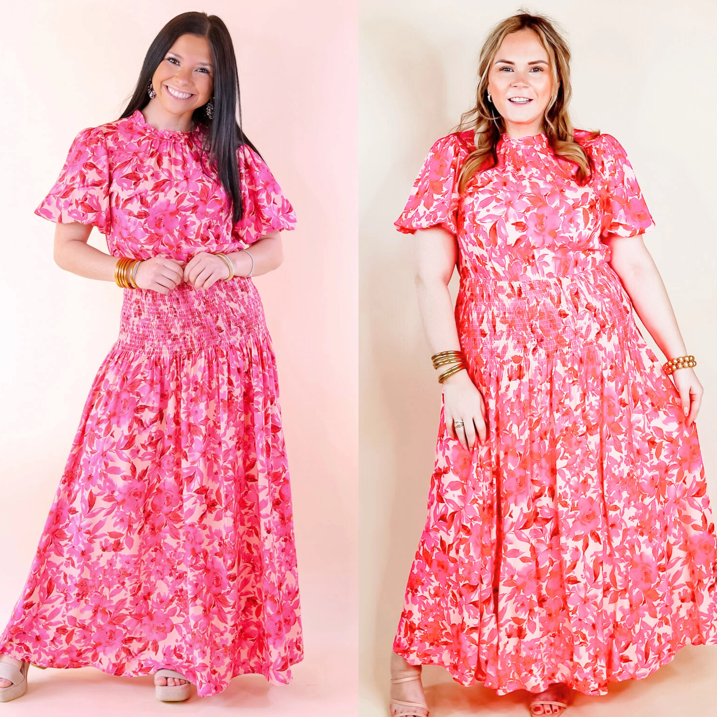 Moonlit Bay Floral High Neck Maxi dress with Smocked Waistline in Pink Light Attitude Luxe Appeal