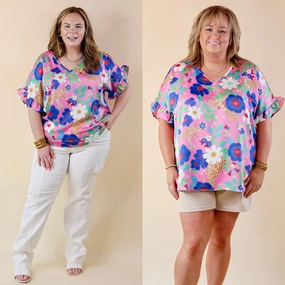 Outdoor Pants Best Version Floral and Cheetah Print V Neck Top with Ruffle Short Sleeves in Pink