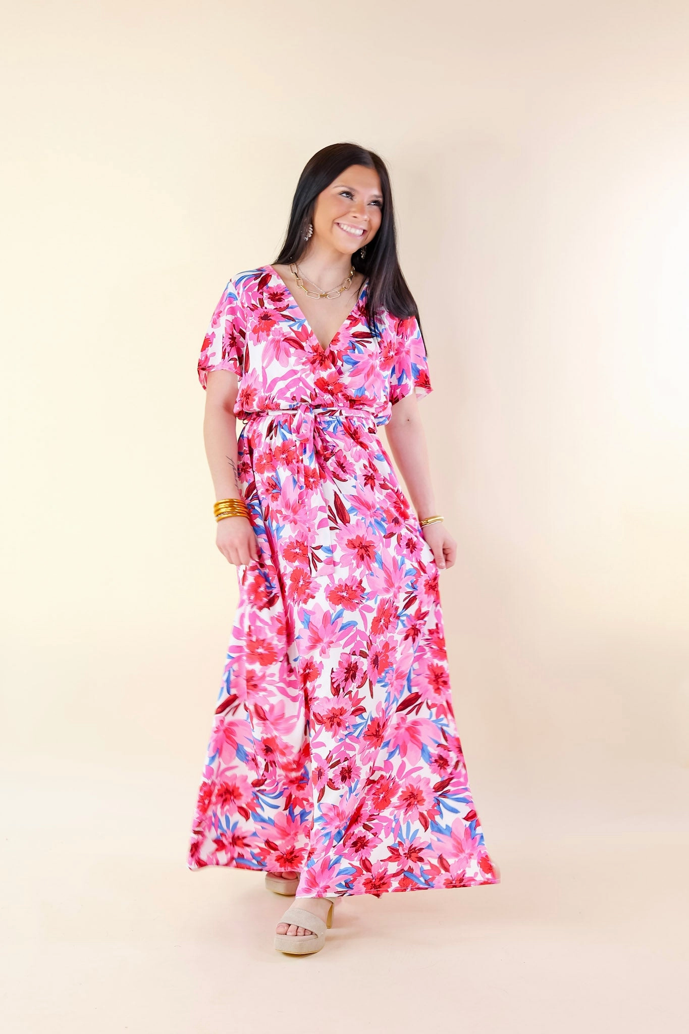 WindproofInterior Aura Core Delightful Dip Floral Maxi Dress with Waist Tie in Pink Mix