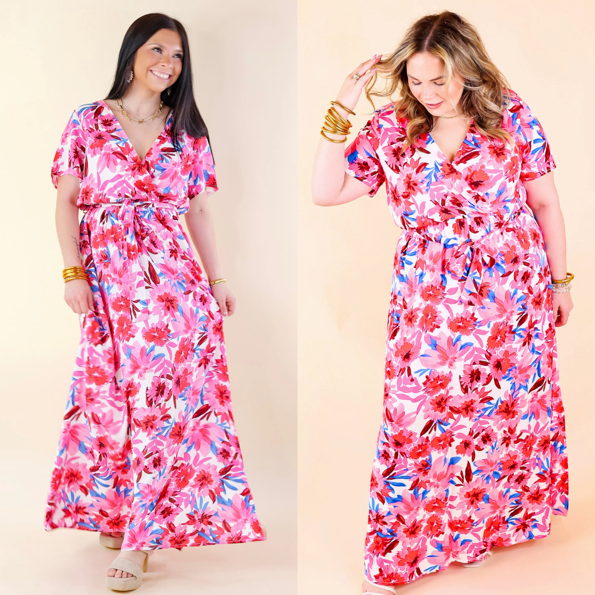 Delightful Dip Floral Maxi Dress with Waist Tie in Pink Mix Layered Clothing Nature Base
