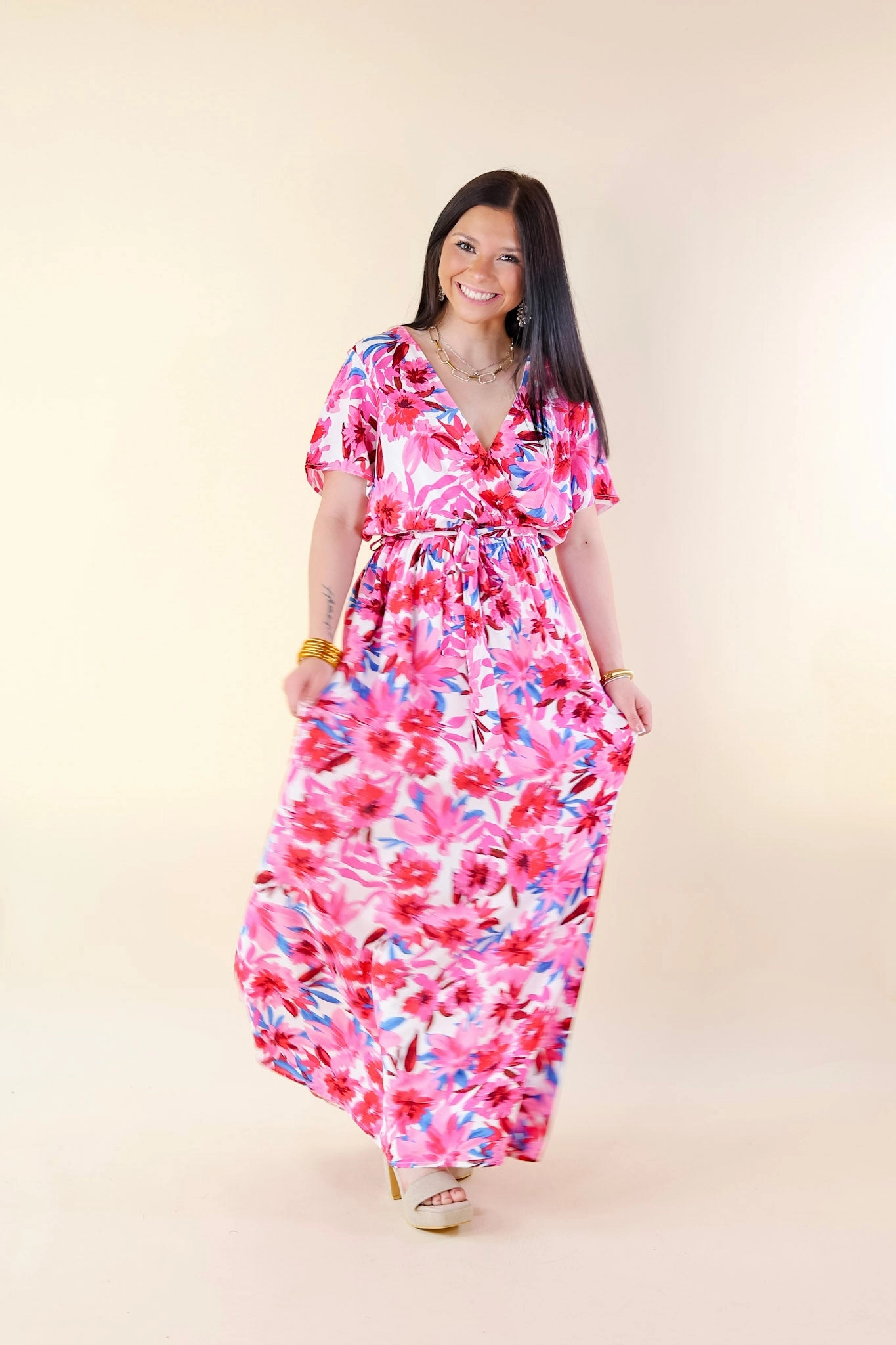 Delightful Dip Floral Maxi Dress with Waist Tie in Pink Mix EcoFriendlyDye