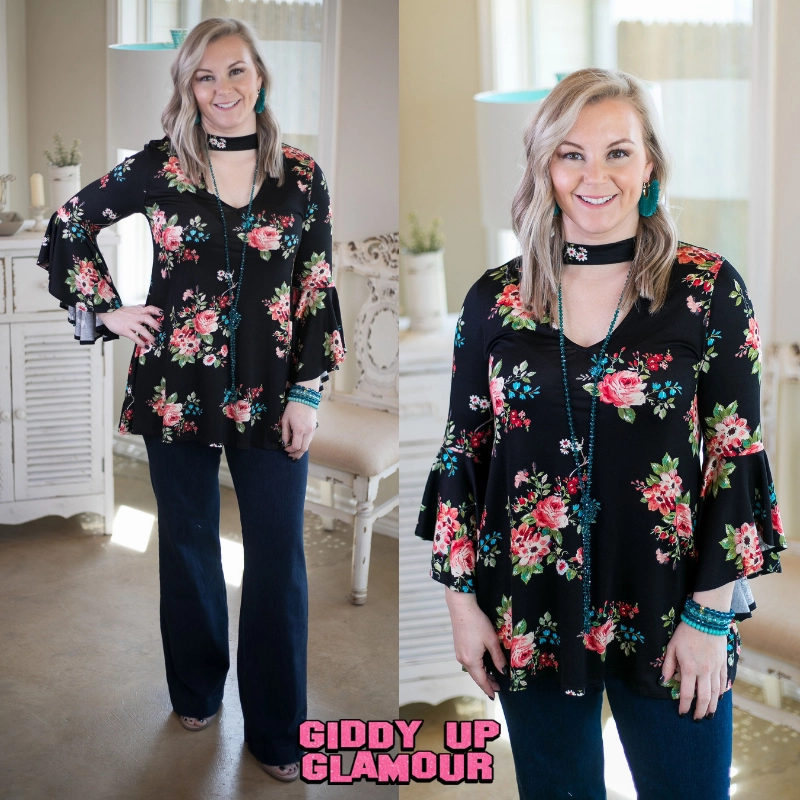 Last Chance Size Small | Love Philosophy Floral Print Bell Sleeve Top with Keyhole Cutout in Black StretchFree Match Fit