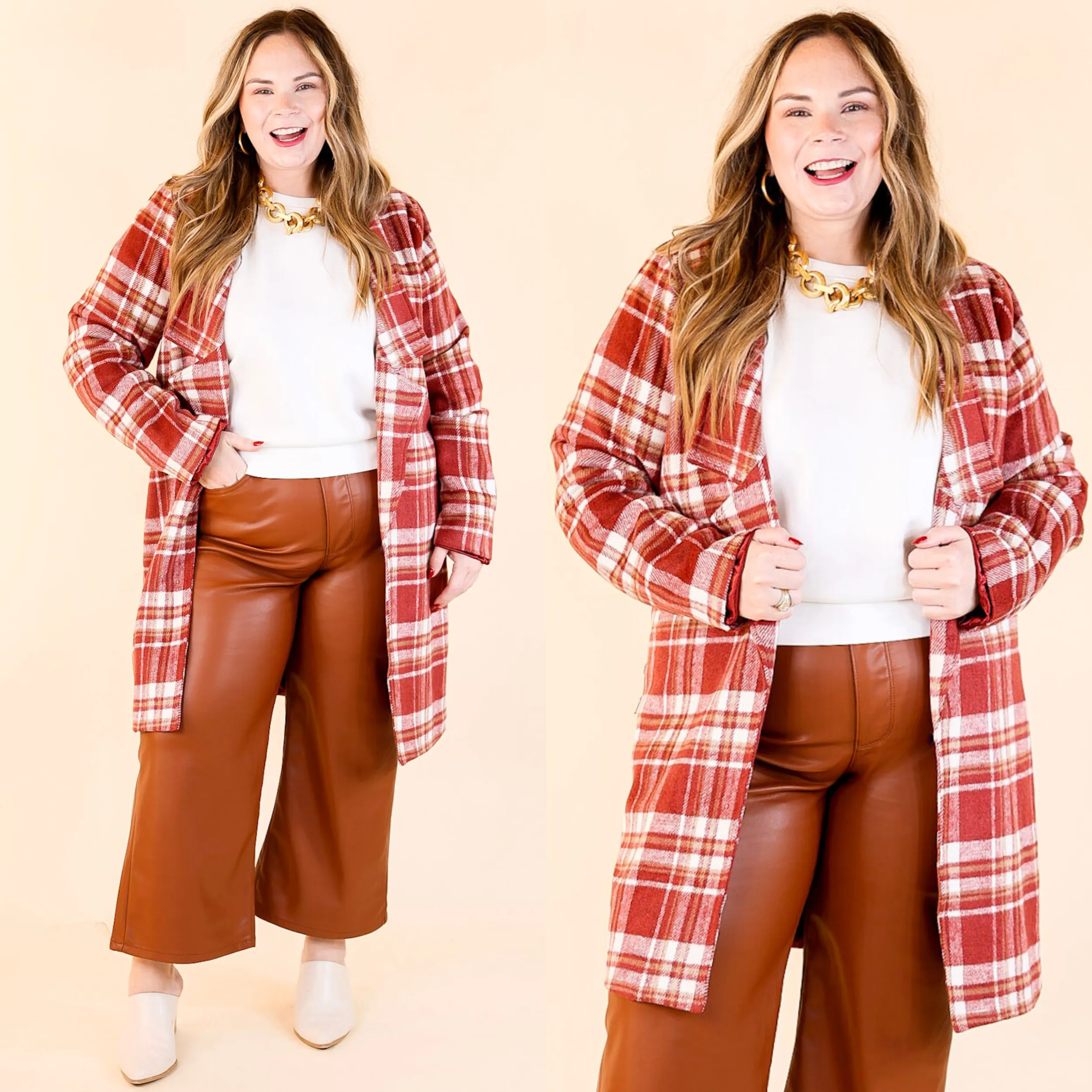 Mountain Ranch Long Plaid Jacket in Maroon Office Attire Smile Glow
