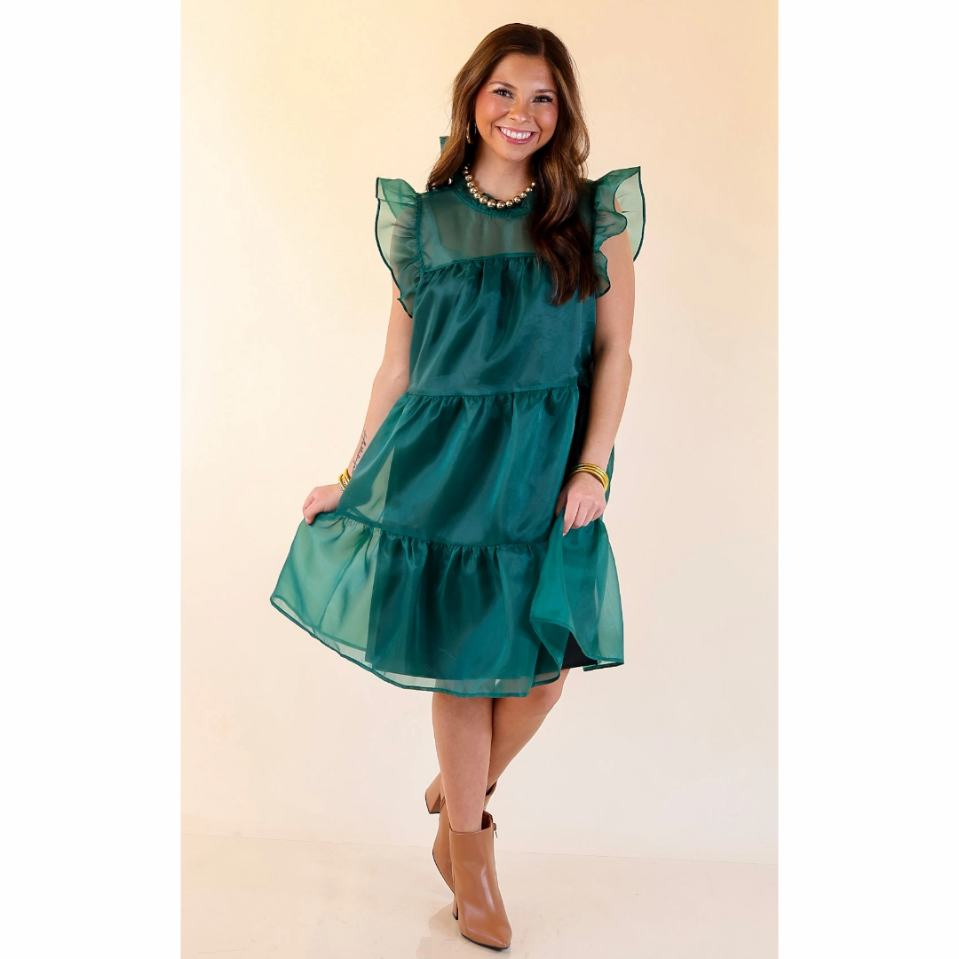 Calm Mood Mud Pie | Jane High Neck Sheer Tulle Ruffle Tiered Dress in Forest Green