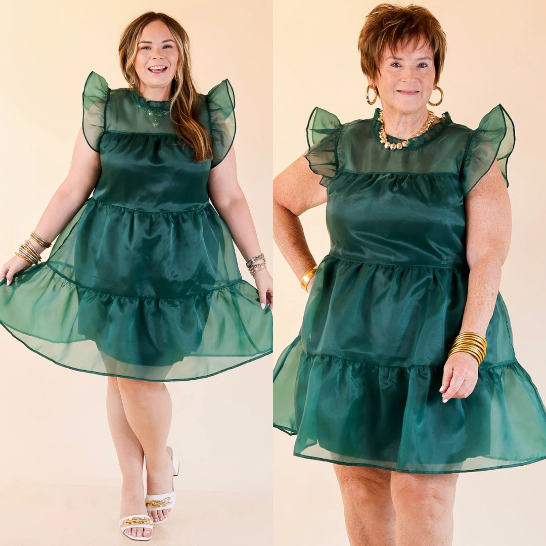 Clean Outfit Ankle-length Mud Pie | Jane High Neck Sheer Tulle Ruffle Tiered Dress in Forest Green