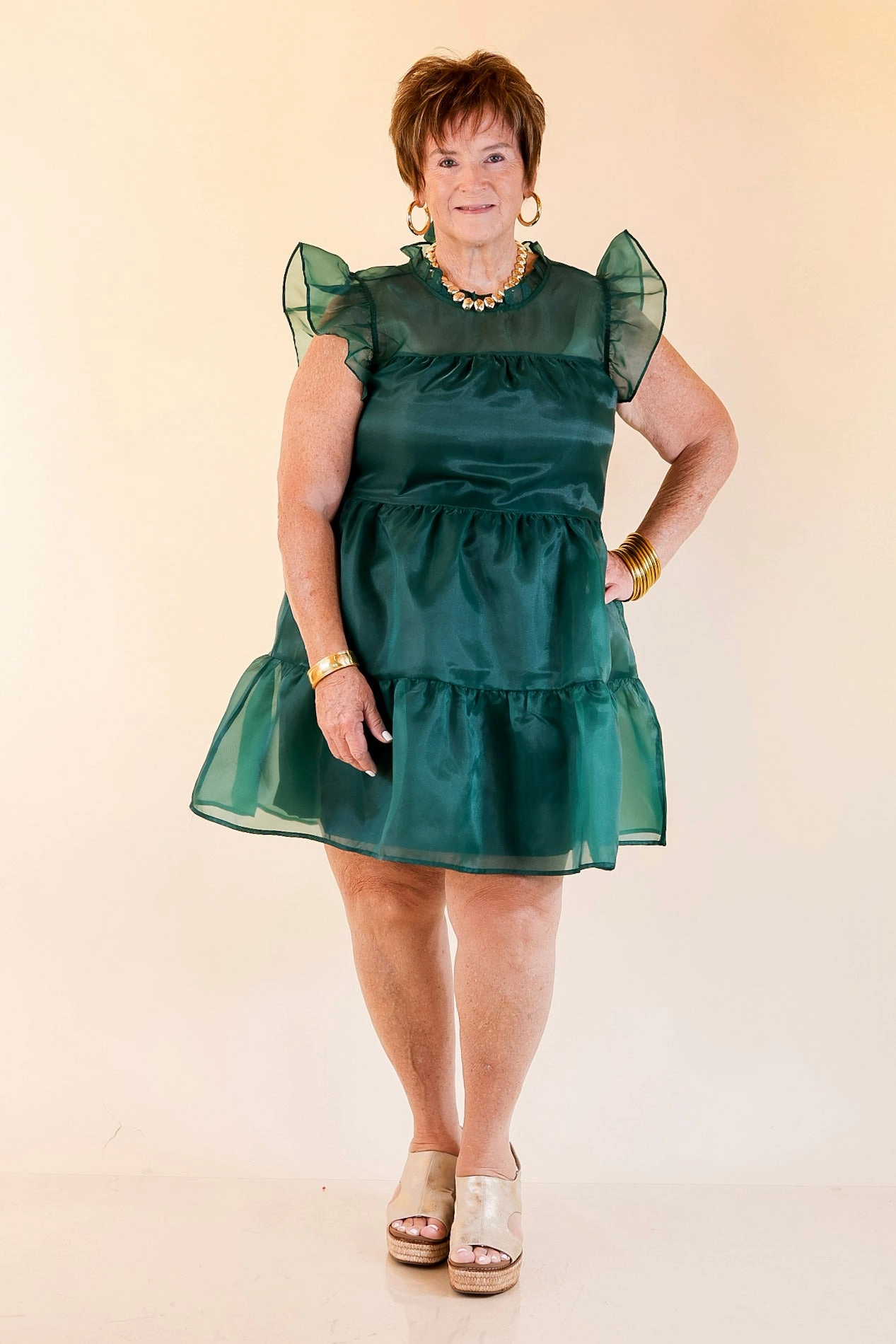 Breezy Mood Simple formal dress Mud Pie | Jane High Neck Sheer Tulle Ruffle Tiered Dress in Forest Green