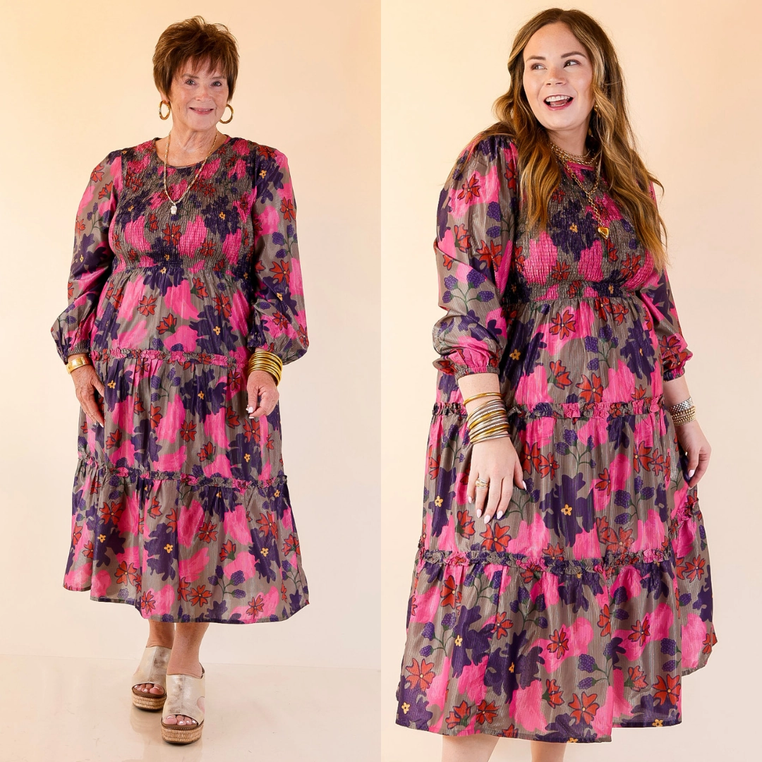 Comfy and Relaxed Sophisticated Wear Mud Pie | Shaffer Smocked Bodice Long Sleeve Midi Dress with Tiered Skirt in Pink Mix