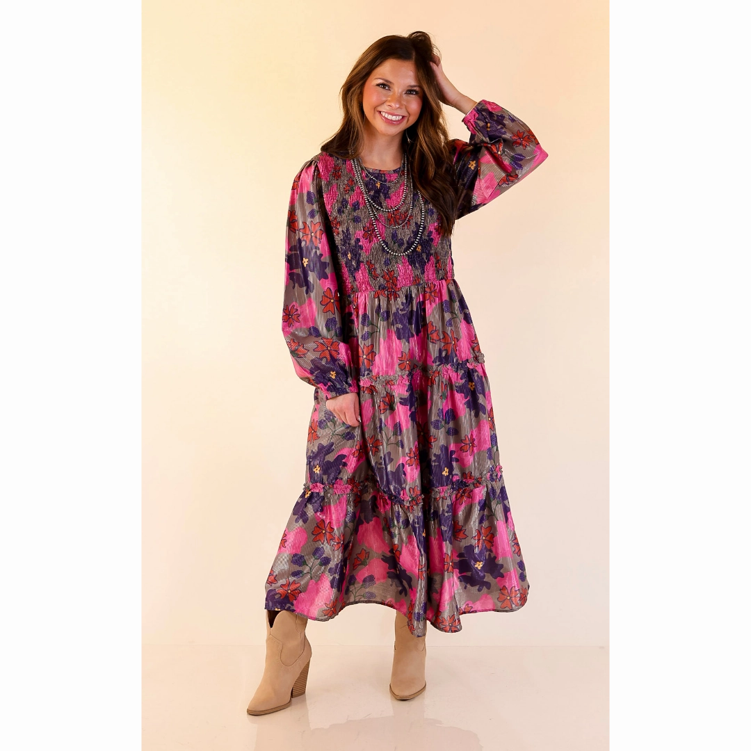 ElasticWaistband Mud Pie | Shaffer Smocked Bodice Long Sleeve Midi Dress with Tiered Skirt in Pink Mix