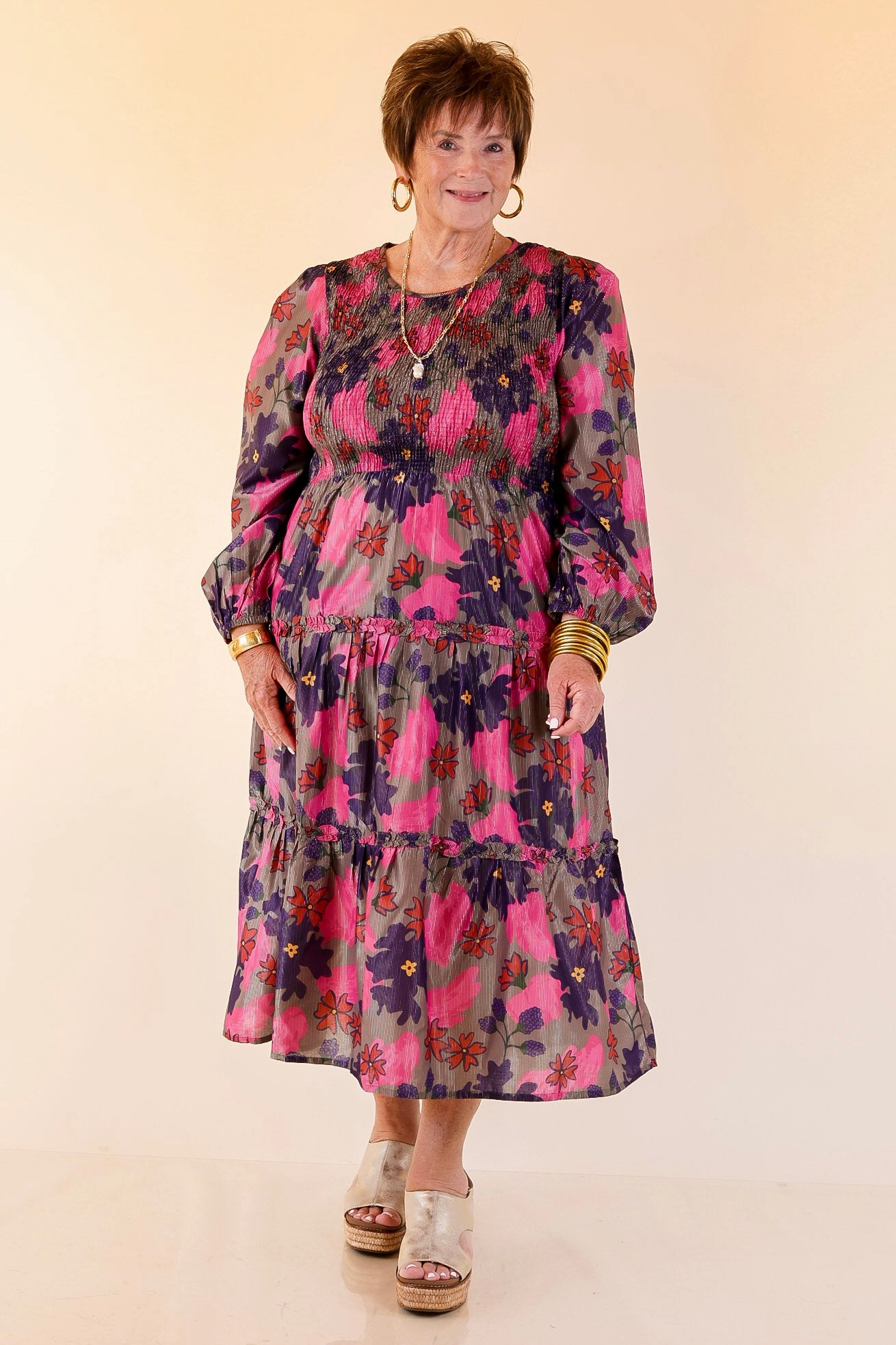 Mud Pie | Shaffer Smocked Bodice Long Sleeve Midi Dress with Tiered Skirt in Pink Mix Soft and Smooth Everyday-Comfort