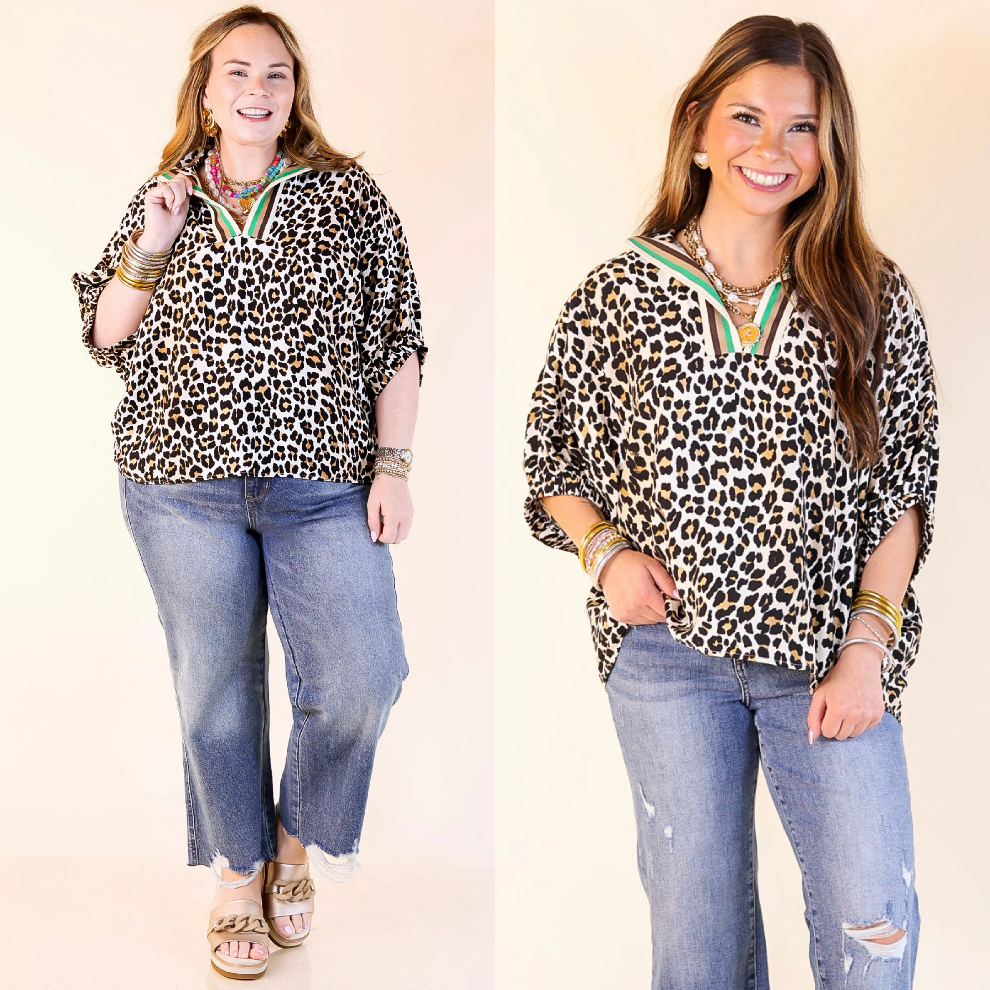 Trendsetting Naturally Stylish Leopard Print Poncho Top in Natural with Green, Cream and Brown Trim