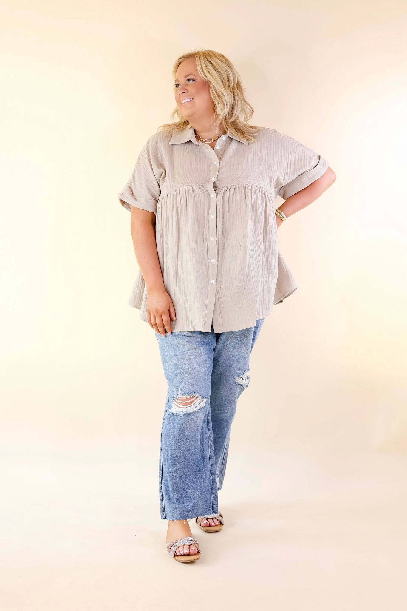 Formal Shirt Luxury Mood Mellow Mood Collared Button Up Babydoll Top in Taupe