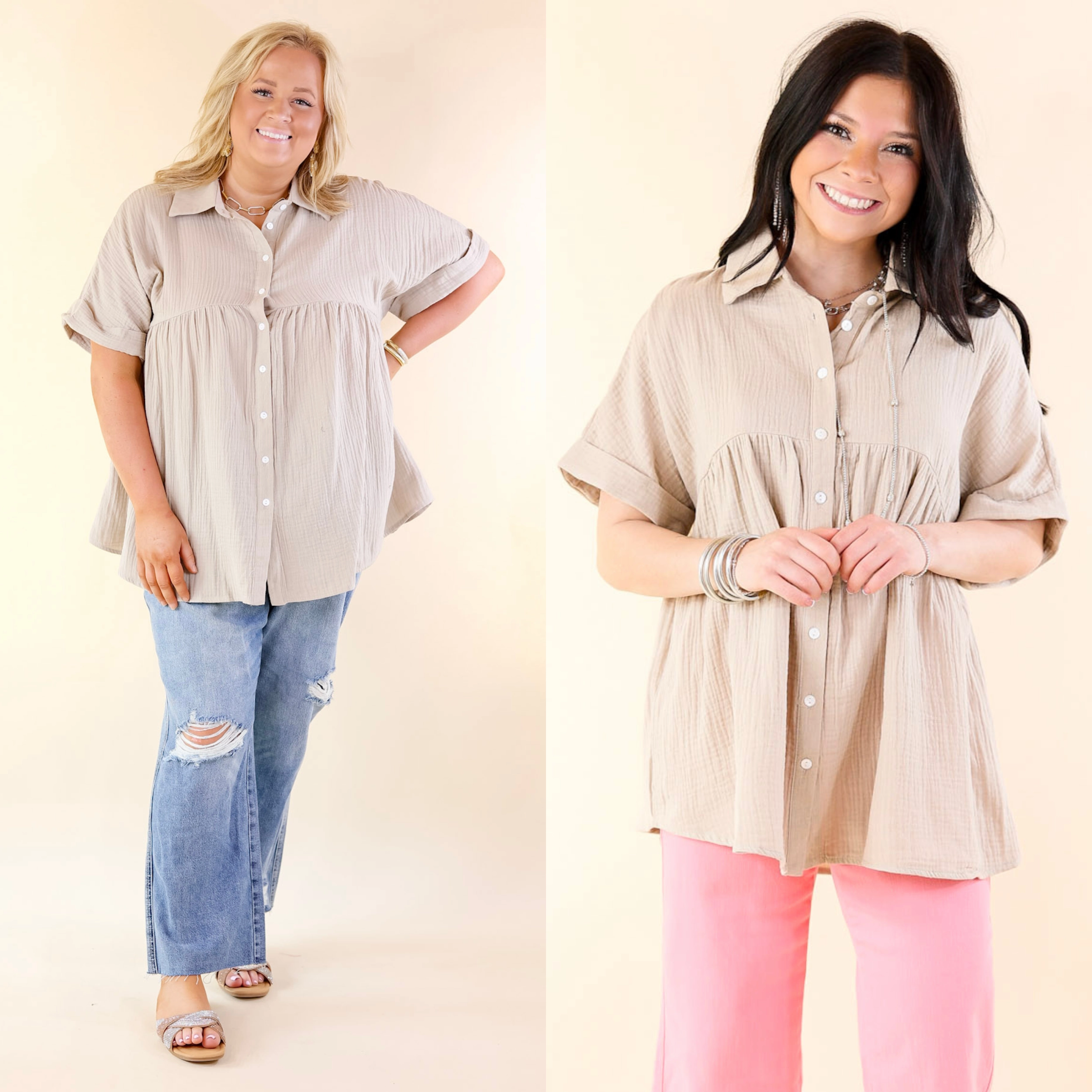 Mellow Mood Collared Button Up Babydoll Top in Taupe Soft Jacket Ethic Core