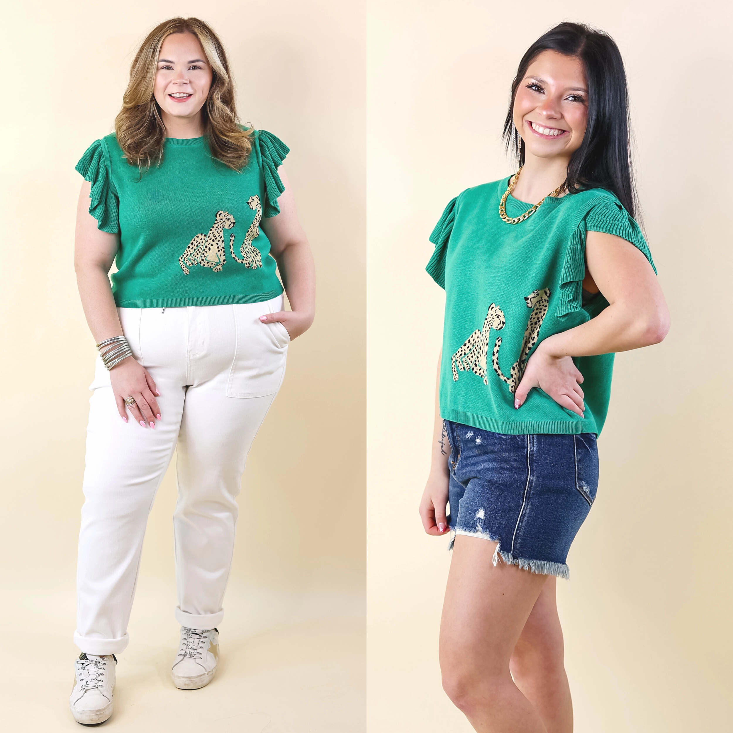 Talk This Way Cheetah Print Sweater with Ruffle Cap Sleeves in Green Thermal regulation