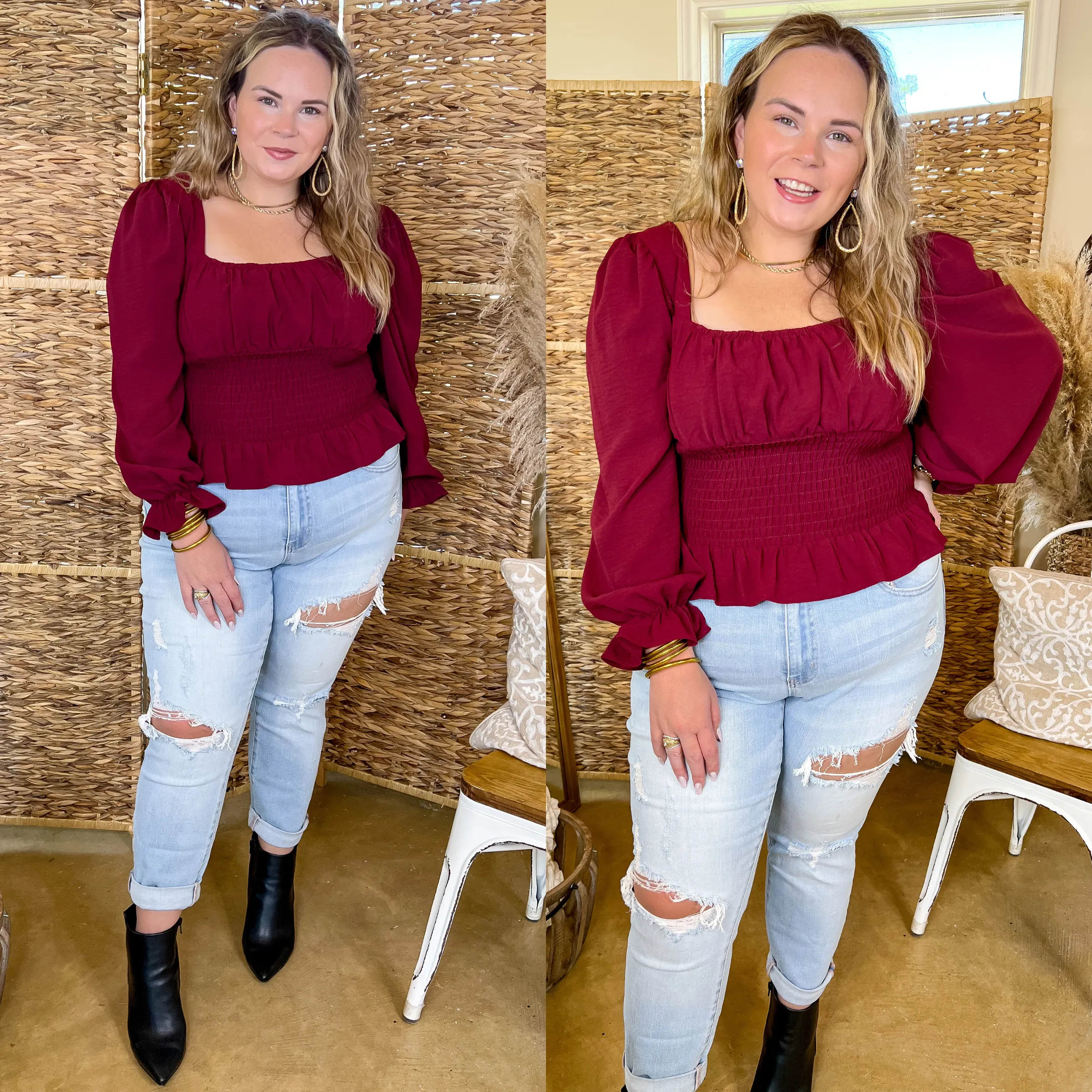 Starting Fresh Long Sleeve Peplum Top with Smocked Bodice in Maroon Matte Fit